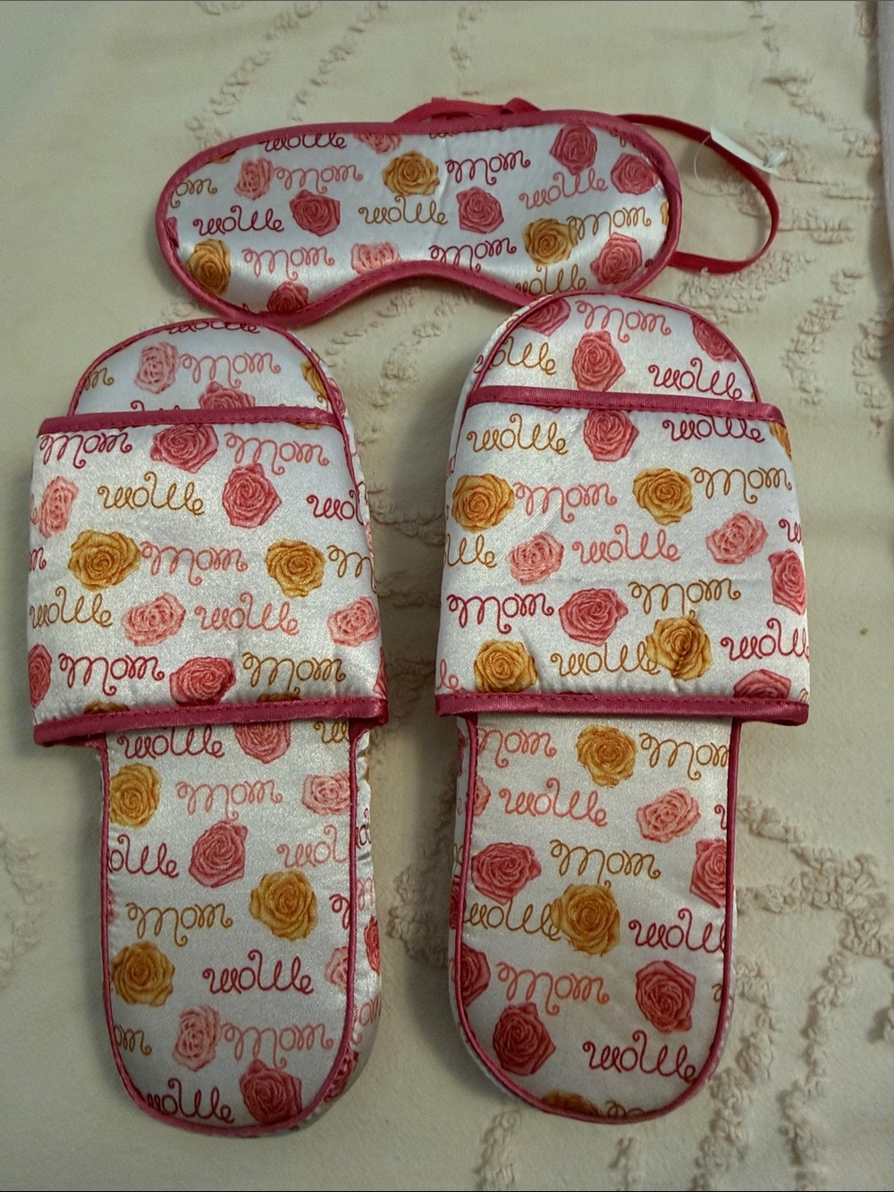 Floral 'wolle' Satin Slide Set with Matching Eye Mask - Pink & Gold Roses